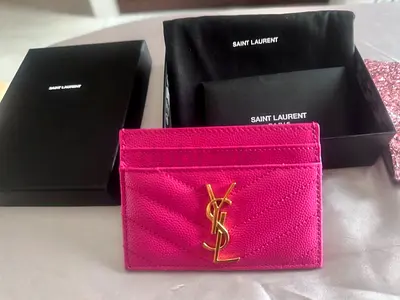 Authentic Saint Laurent Pink Quilted Leather Card Holder with YSL Logo