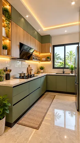 Modern L-shaped Green Kitchen Cabinets with Quartz Countertops