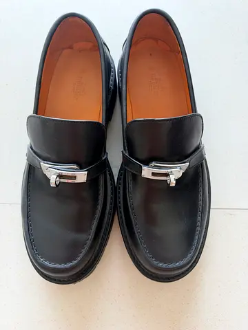 Hermes Icone Loafer Black Leather women's Loafers with Silver Bit Detail - Size 39