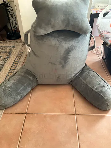 Grey plush bean bag chair with armrests - good used condition