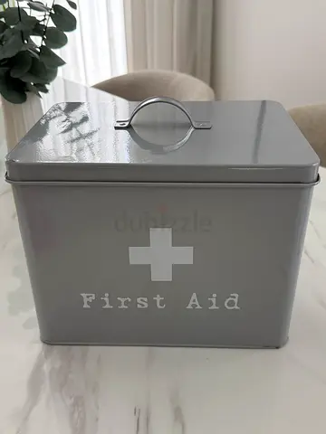 Gray Metal First Aid Box - Compact Storage Tin