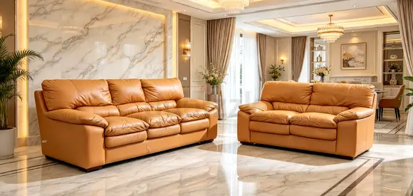 Leather 3-seater and 2-seater sofa set in tan — excellent condition