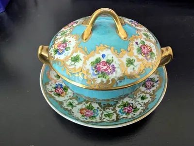 Vintage French-Style Porcelain Trinket Bowl / Sugar Dish (13 cm) - Celeste Blue & Gold
