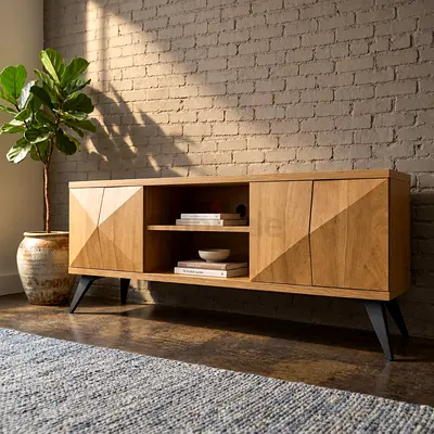 Wooden TV Stand / Media Console with Geometric Doors