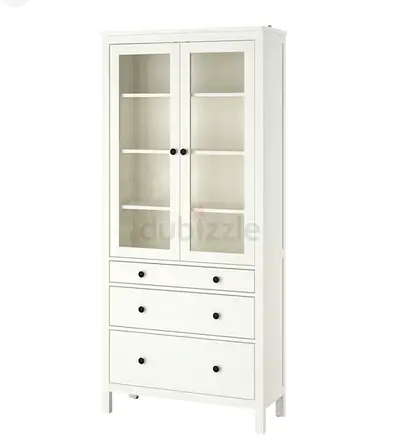 White tall glass-door cabinet with 3 drawers - good condition