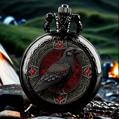 Black Raven Pocket Watch with Celtic Design — Vintage-Style Collectible