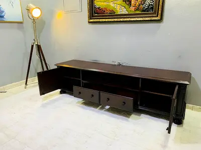 Long dark wood entertainment TV cabinet with storage drawers