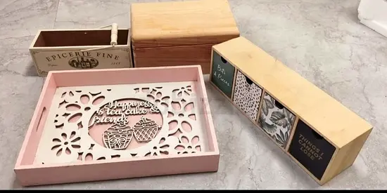 Set of 3 Decorative Wooden Storage Boxes and Pink Serving Tray