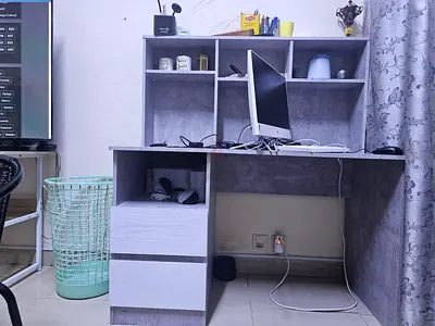 Compact Study Desk with Overhead Shelves and Drawers