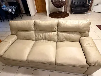 Cream 3-Seater Leather Sofa - Good Condition