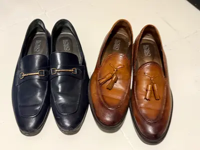 Two pairs of men's leather loafers (navy bit and brown tassel) - used