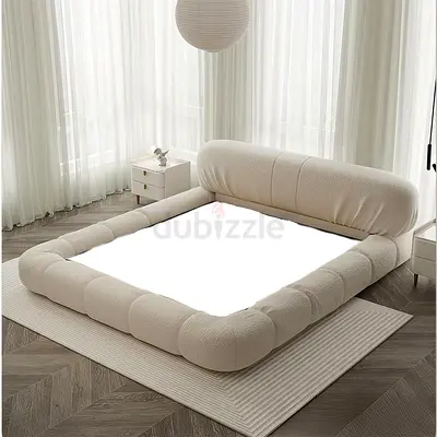 Low Profile Plush Platform Bed Frame with Padded Headboard - Cream