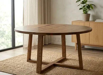 Solid Wood Round Dining Table with Crossed Base - 4-6 Seater