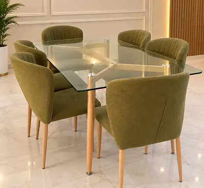 Glass Top Dining Table with 6 Olive Green Upholstered Chairs
