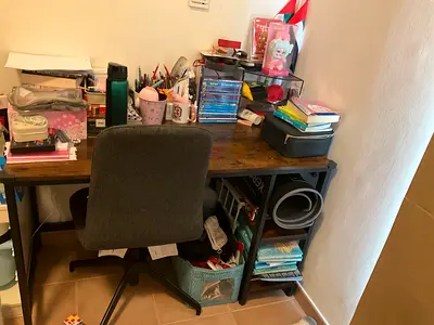 Wooden study desk with metal shelving and swivel chair - used