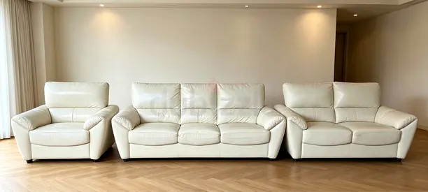 Cream Leather 3-Seater Sofa with Matching 2-Seater and Armchair - Good Condition