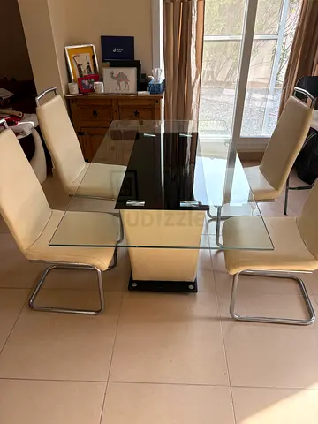 Glass Dining Table with 4 Cream Chairs, Modern Chrome Design