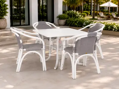 Modern White & Grey Outdoor Table Chair Set – 4 Seater Rattan Style Garden Dining Furniture