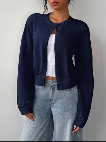 Navy cropped button-up knit cardigan, size unknown