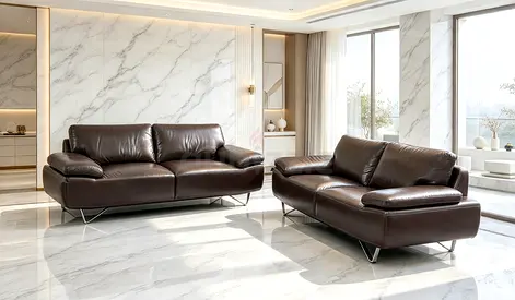 Genuine leather 3-seater and 2-seater sofa set - Dark brown, excellent condition