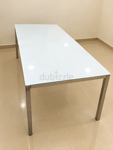 Ikea White Glass Top Dining Table with Stainless Steel Legs 180x85 cm