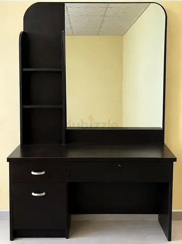 Dark wood dressing table with mirror and shelves - good condition