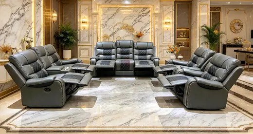Luxurious 7-Seater Reclining Leather Sofa Set - Grey, Like New