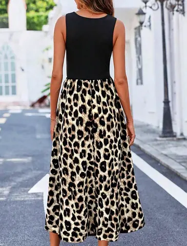 Black Tank Top with Leopard Print Midi Skirt - Women’s Dress (Back View)