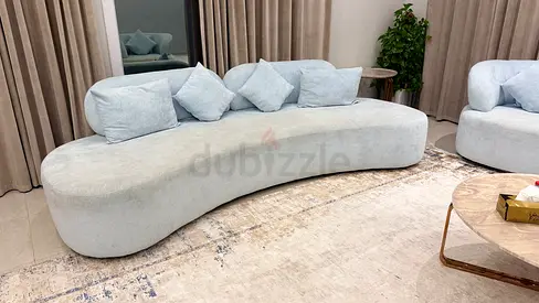 Curved Light Blue Fabric Sofa with Cushions - 4 Seater plus single seaters (2)