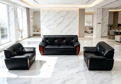 Black Leather 3-Piece Sofa Set with Wood Accents - Good Condition