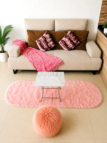 Beige 2-seater Sofa with Pink Shaggy Rug and Cushions - Good Condition