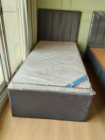 Single upholstered bed frame with mattress - grey, like new