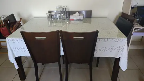 Solid Wood 6-Seater Dining Table with Glass Top and Chairs - Dark Brown