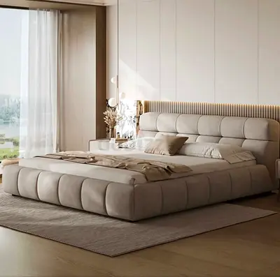 Modern Low-Profile Upholstered King Bed with Padded Headboard