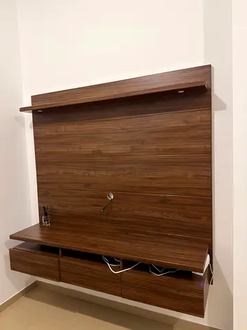 Wall-mounted TV entertainment unit with shelves and drawers - walnut finish