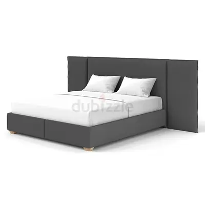 Grey upholstered double bed frame with tall headboard