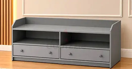 Low-profile grey TV unit with shelving and two drawers