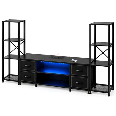Black Metal TV Stand with LED Lighting and Side Shelves - Industrial Style