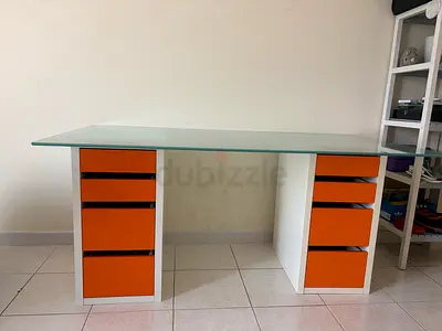 IKEA Glass Desk 150 × 80 cm with 2 Orange Drawer Units