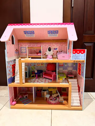 Large Wooden Dollhouse with Furniture - 3-level, Pink