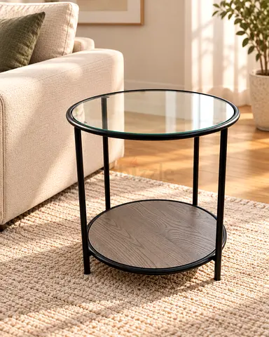 Round Glass Top Side Table with Lower Wooden Shelf