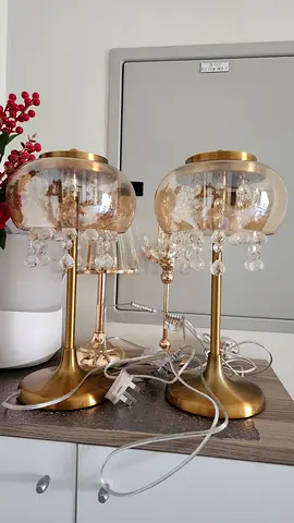 Brass Table Lamp with Amber Glass Shade and Crystal Drops