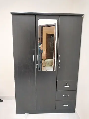 Dark wood 3-door wardrobe with mirror and drawers - good condition