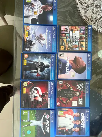 Bundle of 9 PS4 games including GTA V, FIFA, Uncharted, Horizon, GT Sport all the games for 300 AED