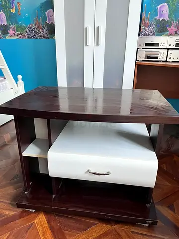 Compact dark-wood TV stand with white drawer — good condition