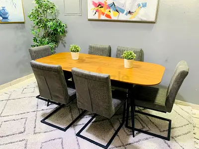Wooden Dining Table with 6 Grey Upholstered Chairs - Modern Set