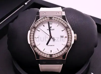 Hublot quartz classic fusuion watch with crystal bezel, white strap