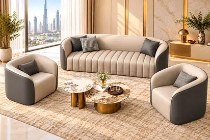 Luxury Beige & Grey 5 Seater Sofa Set – Modern PU Leather Office & Living Room Sofa