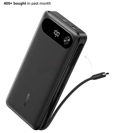 Anker Power Bank, 20,000mAh Portable Charger, Built-in USB-C Cable, 3-Port
87W Total Fast Charging B