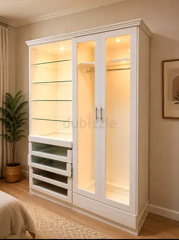 White Display Wardrobe with Glass Shelves and Drawers - Good Condition